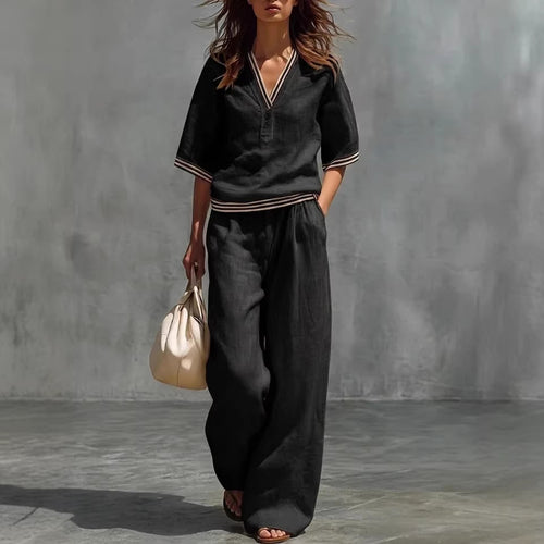Cotton-Linen V-Neck Casual Comfortable Short-Sleeve Shirt And Pants Set